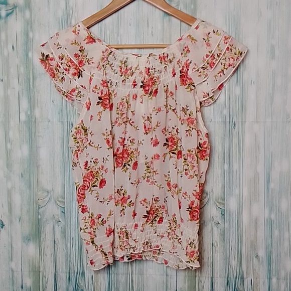 Midnight Sky sheer floral print tank with ruffle layer sleeves medium - Picture 2 of 5
